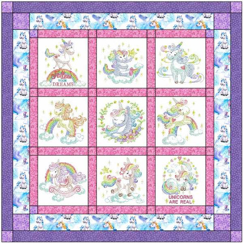 Magical Unicorns, Baby Girl or Child Quilt with 9 finished Embroidery blocks
