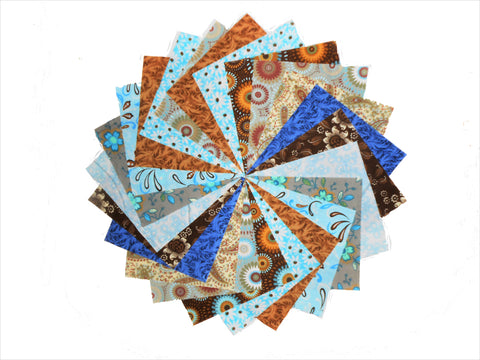 40 5 inch Quilting fabric squares Beautiful Blues/Browns Charm pack/10 Prints/2