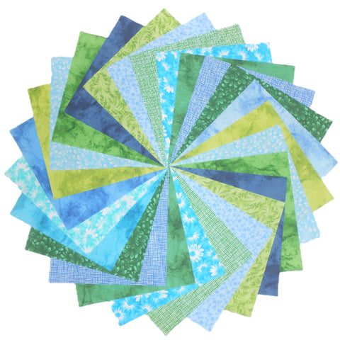 60 5" Quilting Fabric Squares Shades of Blue and Green