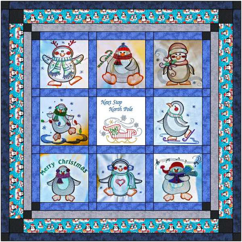 Quilt Kit Penguin North Pole Christmas/Ready2Sew/w Finished Embroidery Blocks