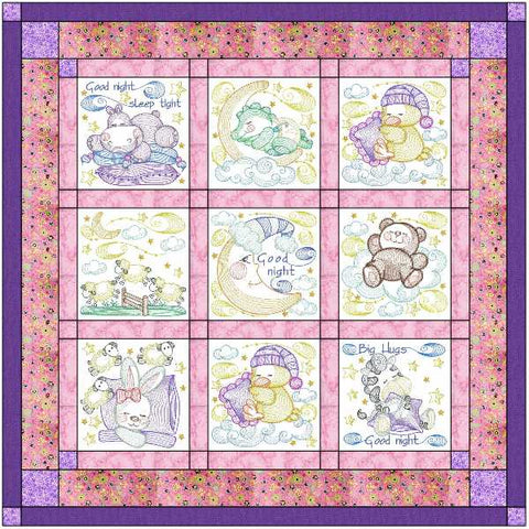 Goodnight Moon and Stars Baby or Child Quilt with 9 finished Embroidery blocks