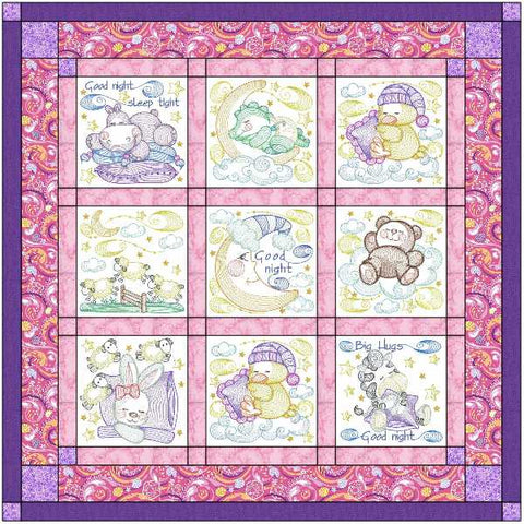 Goodnight Moon and Stars Baby or Child Quilt with 9 finished Embroidery blocks