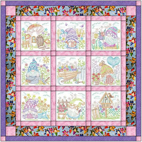 Spring is in the air, Garden Gnomes, Baby Girl or Child Quilt with 9 finished Embroidery blocks