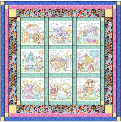 Spring is in the Air, Garden Gnomes Quilt Kit Ready2Sew/w Finished Embroidery Blocks