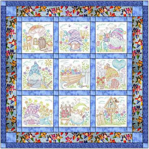 Spring is in the air, Garden Gnomes, Baby Boy or  Child Quilt with 9 finished Embroidery blocks