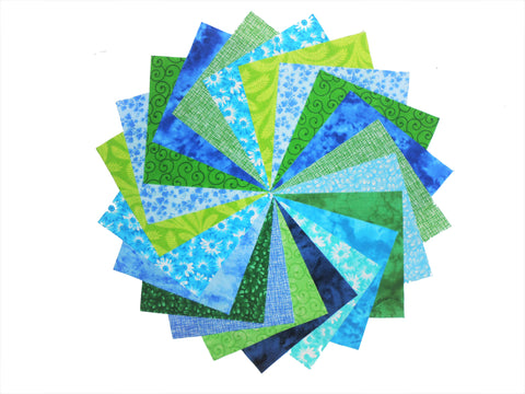 60 5 Quilting Fabric Squares Shades of Blue and Green
