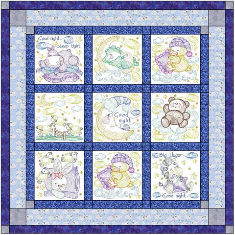 Quilt Kit Goodnight Moon and Stars Baby or Child Quilt with 9 finished Embroidery blocks