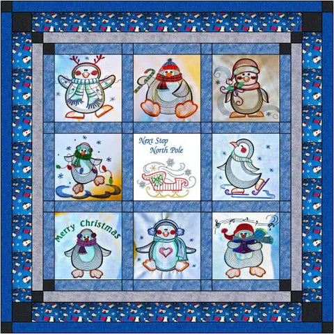Quilt Kit Penguin North Pole Christmas/Ready2Sew/w Finished Embroidery Blocks